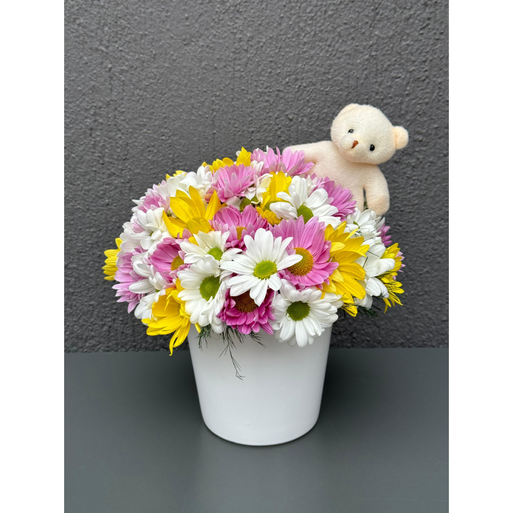 SERAMİK VAZODA KARIŞIK PAPATYA VE AYICIK ARAJMANI